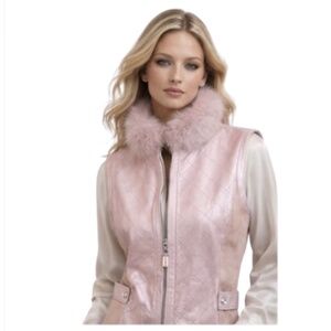St. John FOX fur suede leather pink mettalic Satin lined Fur-Trimmed vest